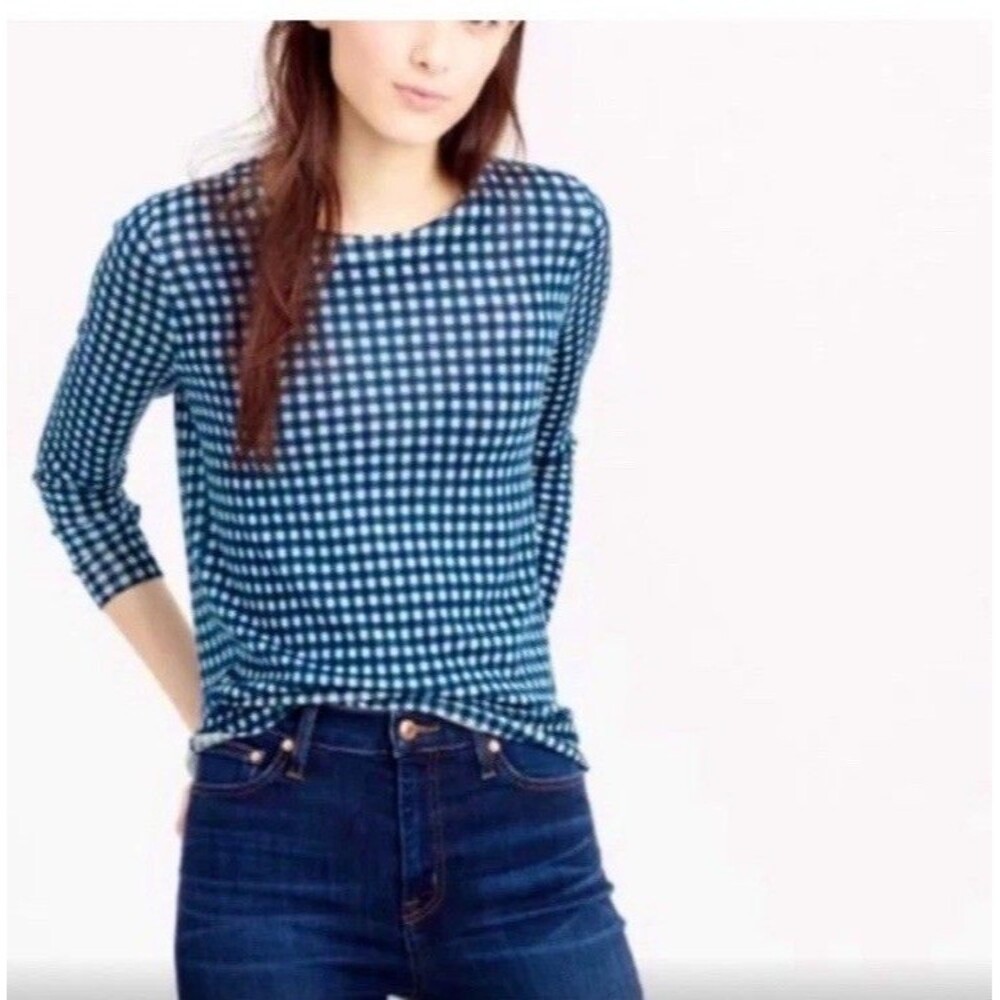 J Crew Tippi Blue Gingham Lightweight Merino Wool Sweater M